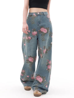 2026 Ropa Y2K Fashion Peach Blossom Printed Baggy Jeans Pants For Women Clothing Wide Leg Casual Lady Trousers Pantalon Femme