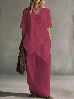 Women's Fashion Casual Solid Color V-Neck Loose Short Sleeve Top and
