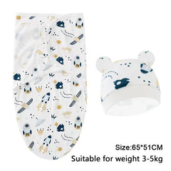 Baby Blanket Hat Set Cartoon Printed Cotton Newborn Swaddle Adjustable