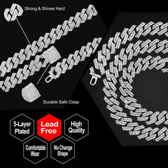 14mm Iced Out Prong Cuban Link Chain Necklace for 2 Row Rhinestone