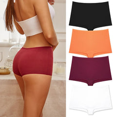 4PCS/Set Women Cotton Panties Sexy Low Rise Boyshorts Seamless Sports Boxers Female Comfortable Underwear Solid Color Lingerie