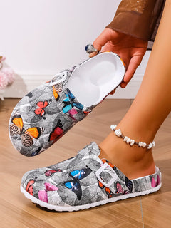 New Women's Fashionable Slip-On Slippers Elegant Black-Gray Butterfly Watermark Wedge Heel with Durable Soft Sole Comfortable Fo