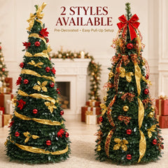 Retractable Foldable Pre‑decorated Christmas Tree with Ornaments Space Saving Storage Xmas Decoration for Holiday Indoor Gift