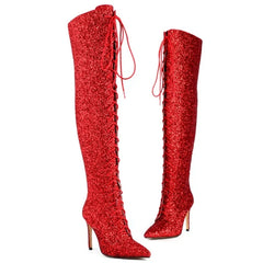Luxury Gold Silver Red Over the Knee High Boots Sequined Sexy Nightclub Dance Party Shoes Ladies Lace-up Long Boot Large Size 48