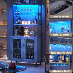 67" Tall Bar Cabinet with LED Lights And Glass Holder - Wine Liquor Cabinet with Power Outlets for Living Room Coffee Bar Station Microwave Stand Bakers Rack, White Oak