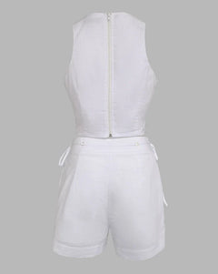 Two Piece Set Women Outfit 2025 Summer New Halter Sleeveless Hollow-Out Crop Tank & Casual Pocket Lace-Up Drastring Shorts Set