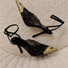 2026 Summer Fashion Lace Sequin Hollow Out Mesh Women Pumps Sexy Pointed Toe Designer Slingback Sandals Women High Heels 34-41
