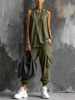 Solid Color Sports Two-piece Set Summer Fashion Sleeveless Top+wide Leg Pants Suit With Pockets Ladies O-neck Streetwear Outfit