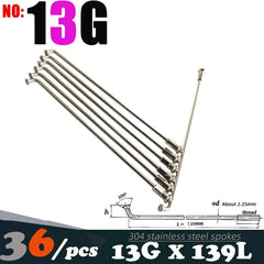 36Pcs 13G(2.25mm)122-240MM 304 Stainless Steel Bicycle Spokes & Nut Electric E-Bike Cycle