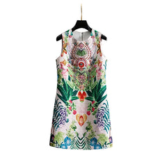 Women Green Printed Beaded Sleeveless a Line Dress Round Neck Summer Midi Dress Elegant Casual Party Dress