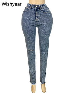 Fashion Skinny Stretch Jeans for Women Luxury Diamonds Hole Pencil Pants High Waist Washed Streetwear Y2k Streetwear Trousers