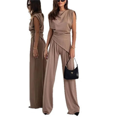 Summer Fashion Solid Two Piece Sets Women Elegant Slim Office Suit Casual Irregular Top And Wide Leg Pants 2 Piece Set Female