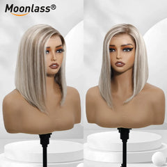 Moonlass Highlight Velvet Grey Gold Short Bob 100% Human Hair Wig 190% Density Salon Hair Color Wig 13x6 Upgrade Nude Lace Wigs