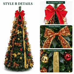 Retractable Foldable Pre‑decorated Christmas Tree with Ornaments Space Saving Storage Xmas Decoration for Holiday Indoor Gift