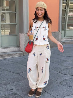 Casual Print Vest Pants Suit Women Loose Sleeveless Single Breasted