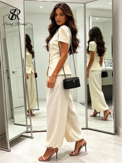 SINGREINY Women Pant Set Two Piece Sets Round Neck Short Sleeve Coats Tops+Wide Leg Long Pants Y2k Streetwear Elegant 2026 Suits