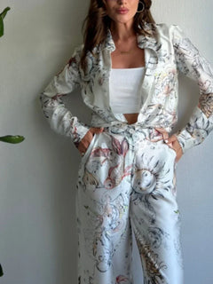 2 Pieces Set for Woman Summer New Elegant Print Long Sleeves Shirt