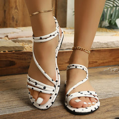 Summer Retro Dot Print Strappy Flat Sandals Ladies Elastic Back Strap Casual Sandals