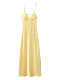Solid Color Satin Bustier Women Maxi Dress Fashion Yellow Spaghetti Strap V Neck Waist-cinching Dresses 2026 New Party Vestidos