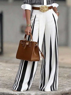 Women Fashion 2-Piece Set Striped Button Down Long Sleeves Shirt High Waist Striped Wide Leg Pants Elegant Office Outfit