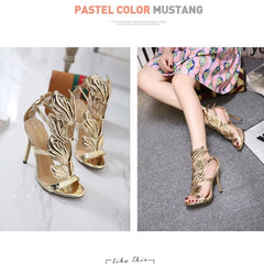 Stunning Gold High - Heel Open - Toe Sandals: Elegant Leaf Detailing, Perfect for Summer Evenings and Parties