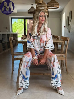 Women's Summer 2-Piece Set Elegant Printed Top & Casual Loose Wide Leg Pants Ensemble with Half Sleeve Fashionable