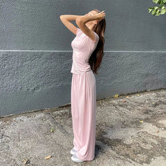 Casual Long Pants Suits Women O-Neck Short Sleeve T-Shirt Elastic