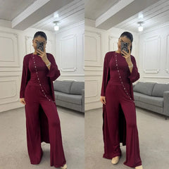 Pant Set Women Three Piece Sets Round Neck Short Sleeve Shirt Straight Pants Lace Up Long Robe Y2k Streetwear Work Casual 2026