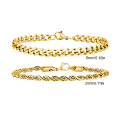 2pcs Men's Chain Bracelets, Stainless Steel Silver Gold Black Color