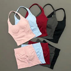 2 Pieces Shorts Yoga Set Women Backless Halter Tops High Waist Seamless Shorts Gym Suit Fitness Sportswear Workout Sets