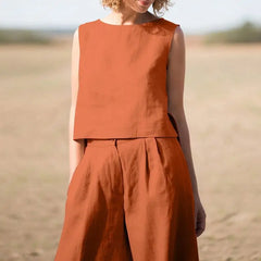 Summer Cotton And Linen Casual Outfits Female Fashion Solid Color Two-piece Set For Women Sleeveless Top Trousers Women's Suit