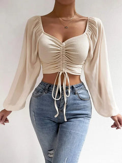 Plus Size Women Tops Drawstring Front Sheer Sleeve Crop T-Shirt Plunge Neck Long Sleeve Ribb-knit Ruched Blouse Spring Summer