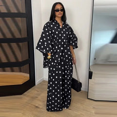 2026 Autumn Summer Polka Dot Shirt Pants Women Set Elegant Lapel Three Quarter Top Wide Leg Trousers Vacation Lady Outfit Suits