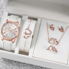 Fashion Women's Quartz Watch Leather Band Analog Wrist Watches Heart Rhinestone Jewelry Set(With Exquisite Gift Box)