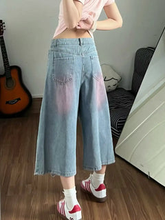 Women's Y2K Cat Embroidery Denim Culottes, Pink Gradient Wash Baggy Cropped Jeans, Cute High Waist Wide Leg Capri Pants