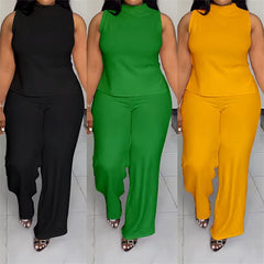 Solid Casual Tracksuit Women 2 Pieces Outfits Summer Sleeveless Side Split Top and Wide Leg Pants Sporty Fitness Matching Sets