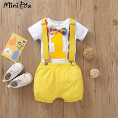 MiniFox Baby Boys Birthday Outfit For One Years Number"1“ Bodysuit and Y-back Suspender Shorts 1 Year Birthday Cake Smash Sets