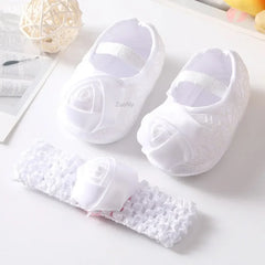 Spring Infant Baby Girl Shoes Newborn Lace Flowers Headband Anti-Slip Soft Sole First Walkers Toddler Kids Cotton Baptism Shoes