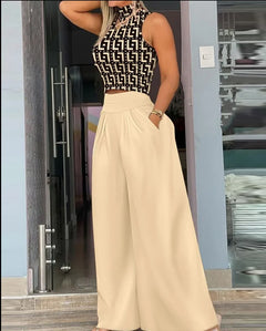 Women's 2-piece Set Elegant Fashion Sleeveless Slim Crop Top High Waist Casual Print Pant Sets 2 Pieces of Women's Clothing New