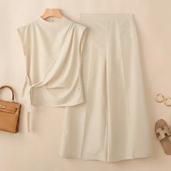 ZANZEA Summer Trousers Suit Short Sleeve Lace-Up Blouse Wide Leg Pant Sets Solid Color OL Work Outfit Fashion Women 2 Piece Sets