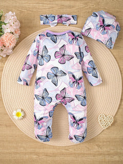 Spring and summer baby newborn zip-up footed onesie set, including a hat and a scarf, three-piece set