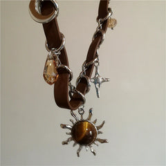 Vintage Leather Brown Stone Sun Pendant Beaded Choker Clavicle Chain Necklace For Women Unique Y2K Personalized Grunge Jewelry