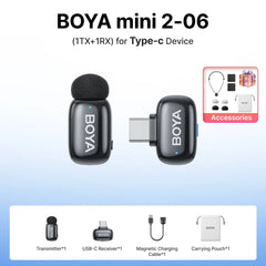 BOYA Mini 2 Wireless Lavalier Microphone AI Noise Reduction Mini Mic for iPhone 6-14/15-17 USB-C Android Phone Video Recording