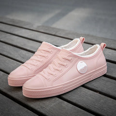 Pink Faux Fur Lined Rain Shoes Women's Warm Low Top Galoshes Woman Winter Waterproof Rubber Shoes Ladies Restaurant Work Flats