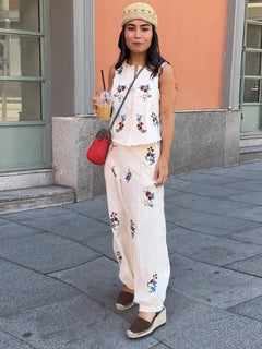 Casual Print Vest Pants Suit Women Loose Sleeveless Single Breasted