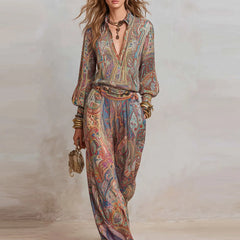 Boho Paisley Print Two-Piece Set for Women Sexy V-Neck Long Sleeve
