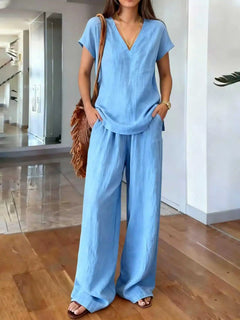 Loose Summer Trousers Set Solid Color Simple Daily Comfortable V-neck Short-sleeved Pullover Top Wide-leg Trousers Two-piece Set
