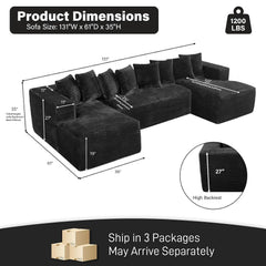 131" Oversized Cloud Boneless Couch Sofa with Chaise, Black, Custom