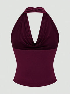 Plus Size Ms. Burgundy Sexy Romantic Urban Woman Sleeveless Neck Swing Neck Top + Split Half Skirt Long Skirt Two Piece Set