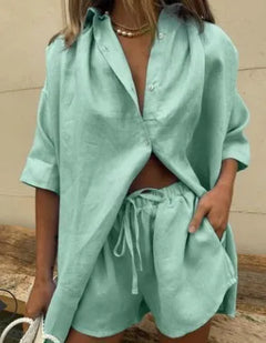 Fashion Solid Shirt Home Suits Casual Short Sleeve Tops + Drawstring Shorts Two Piece Set 2024 Summer Women Button Loose Outfit